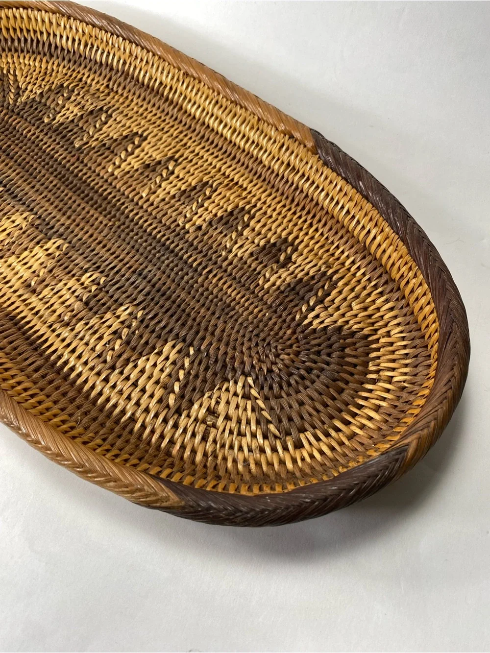 Artisan Two-Tone Hand-Woven Oval Oblong Geometric Pattern Rattan Basket Tray